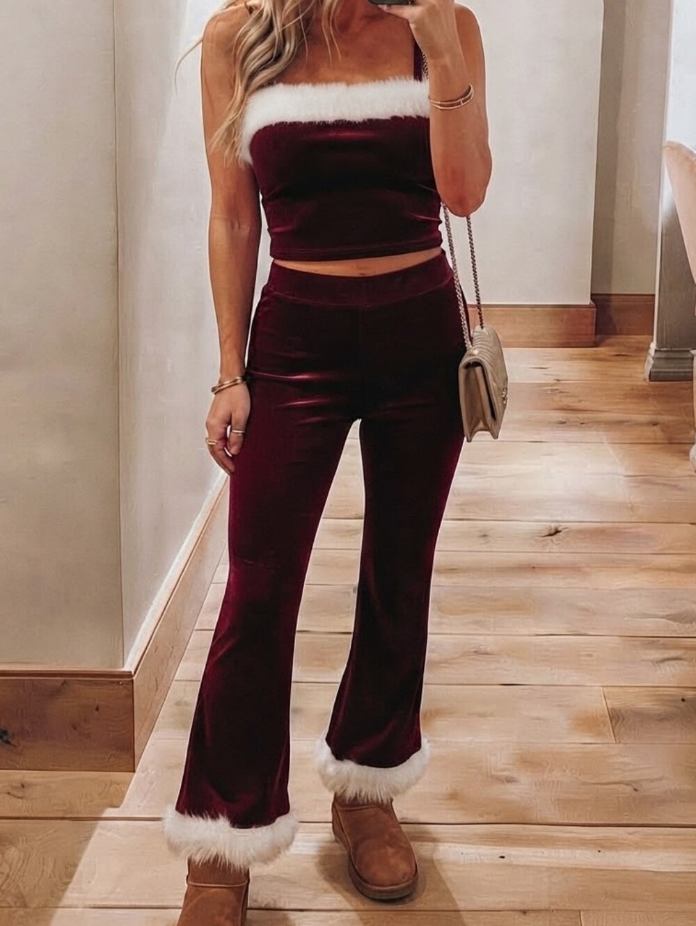Velvet Santa Crop Top & Flared Pants Set Burgundy And White Trim Fun Christmas